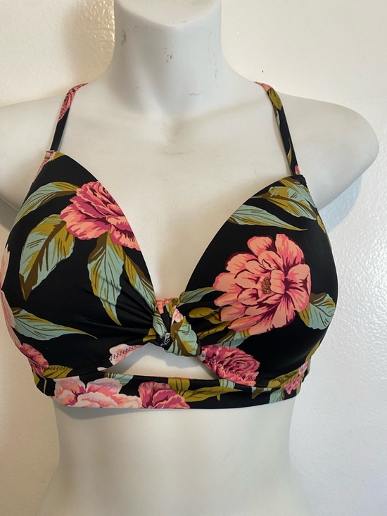 Shade & Shore Other - Shade & Shore Black Floral Tie-Front Bikini Top - Pink & Green Flowers